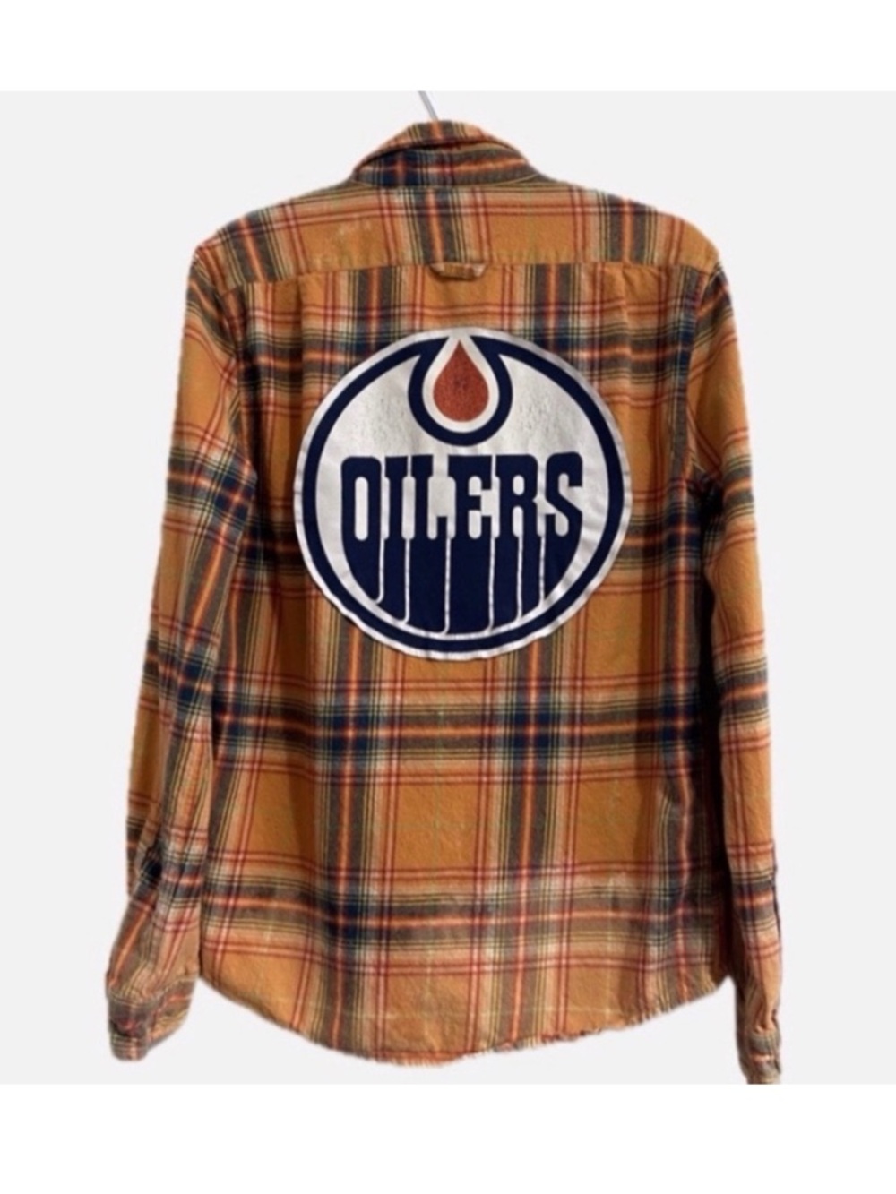 Upcycled “ Oilers” Plaid Flannel Shirt - Orange and Blue Cotton
